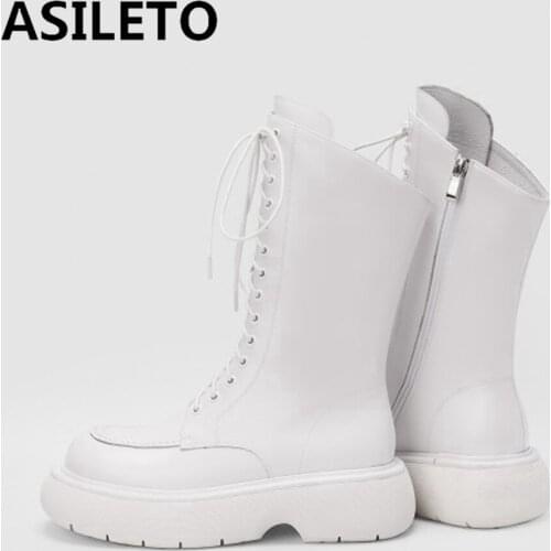 Genuine Leather Lace-up Round Toe Waterproof 5.5CM Platform Shoes Autumn Winter Women Boots Leisure Fashion Ankle Boots S2377
