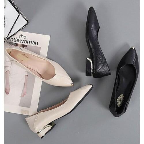 Real Soft Leather Shoes Womens Thick Heel 2021 Spring and Autumn New Mid-heel Pointed Toe Work Shoes Casual Womens Shoes