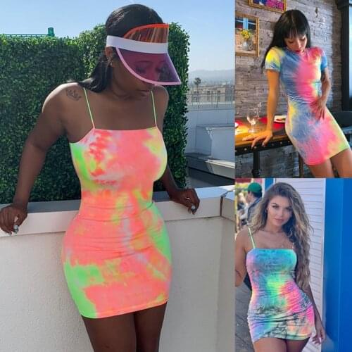 Women Fashion Tie Dye Colorful Bodycon Short Dresses Women Summer Sexy Sleeveless Sling Mini Dress Girls Clubwear Streetwear