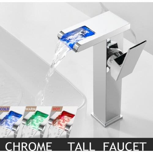 Free Shipping LED RGB color change Waterfall Bathroom Basin Faucet Bathroom Mixer Tap Sink Faucet Single Handle Toilet Mixer Tap