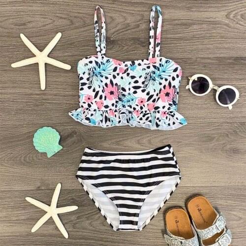 Sleeveless Sling Floral Stripe Split Bik Summer Kids Baby Girls Floral Striped Print Swimwear Swimsuit Bikini Outfits L1203