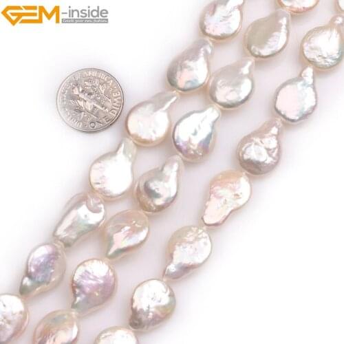 Gem-inside Natural Flat Pear Drop White Coin Freshwater Cultured Luster Pearls Beads for Jewelry Making 15'' DIY Jewellery
