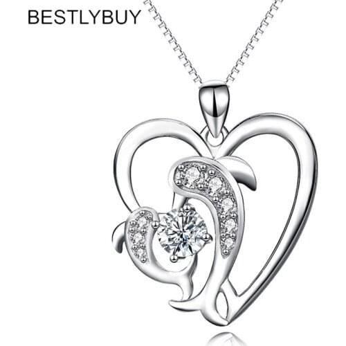 BESTLYBUY Real 925 Sterling Silver Necklace Love Heart Jewelry Mother Child Dolphin Pendant Necklaces Fashion Christmas Gift
