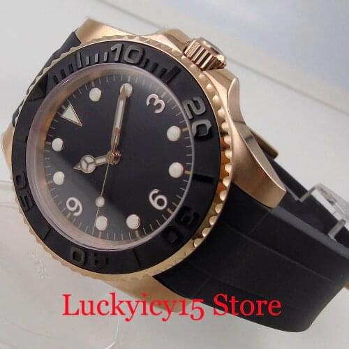 BLIGER New 21 Jewels MIYOTA Rose Gold Automatic Men Watch Curved End Rubber Band Black Brushed YM Insert Green Luminous Marks