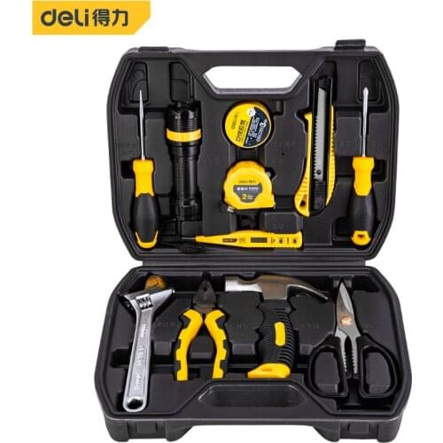 Deli 12 Pcs Hand Tool Set DIY Home Repair Tool Kit Woodworking Tools Bag Car Repair Tool Set Wrench Saw Screwdriver Scissors