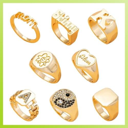 INS Korean Charms Smiley Flower Yin Yang Rings for Women Metal Vintage Crystal Letter Heart Rings Y2K Jewelry 90s Aesthetic Gift