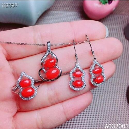 KJJEAXCMY Fine Jewelry 925 sterling silver inlaid natural red coral ring pendant earring set beautiful supports test