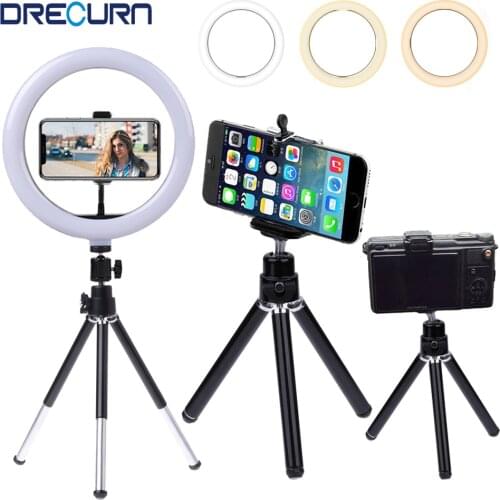 DRECURN 6 10 inch Ring Light With Tripod Stand for Mobile Phone DSLR Camera Aluminum Alloy Monopod Tripode Para Length 27cm