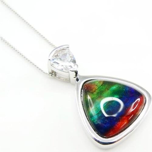 Hot Selling 925 Sterling Silver Ammolite Triangle Drop Pendant Natural Multi Color MOP Pendant Necklace For Gift