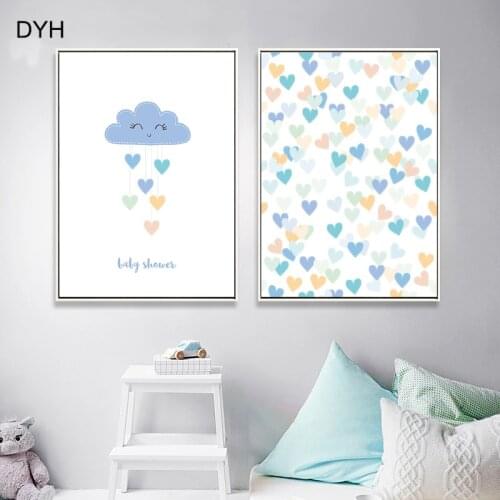Cute Blue Smiling Cloud Bright Hearts Pattern Nursery Poster Wall Art Picture Print Canvas Painting Baby Shower Room Decoration