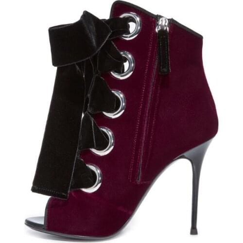 Gullick Fashion Lace-up Velvet Ankle Boots Peep Toe Thin Heel Gladiator Sandal Boot For Woman Stiletto Heel Open-toe Bootie