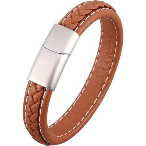 Fashion Simple Men Jewelry Braided Leather Handmade Bracelets Stainless Steel Magnetic Buckle Vintage Male Wrist Band PD1036