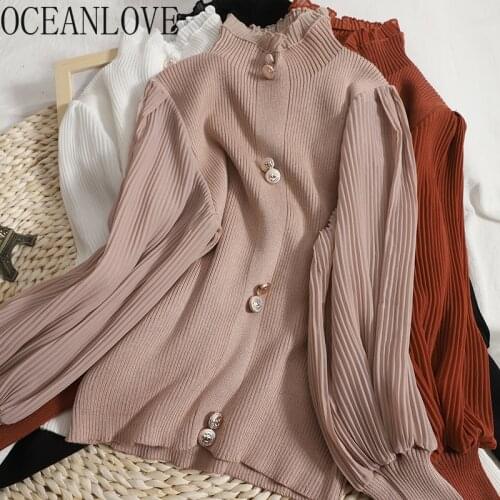 OCEANLOVE Sweaters Women Tops Patchwork Lantern Sleeve Vintage Solid Sweet Autumn Pullovers 2021 Turtleneck Winter Pull Femme