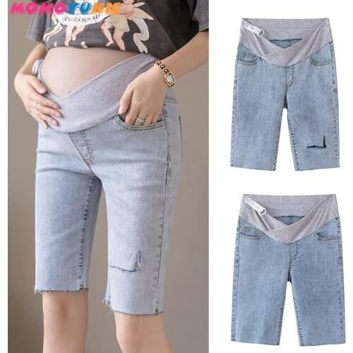 Maternity Large Size Denim Shorts Casual Elastic Waist Lace Capris Fashion Rhinstone Patchwork Pants Pregnancy Belly Jeans Short