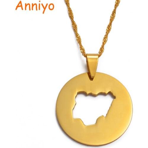 Anniyo Gold Color Round Nigeria Map Necklaces for Women Charm Pendant Nigerian Jewelry African Gifts #016121
