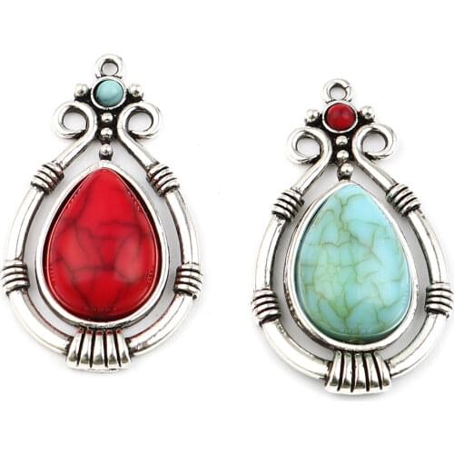 Doreen Box Bohemian Style Charms Acrylic Patch Drop Shape Zinc Alloy Necklace Pendants 3.8x2.2cm,5 PCs