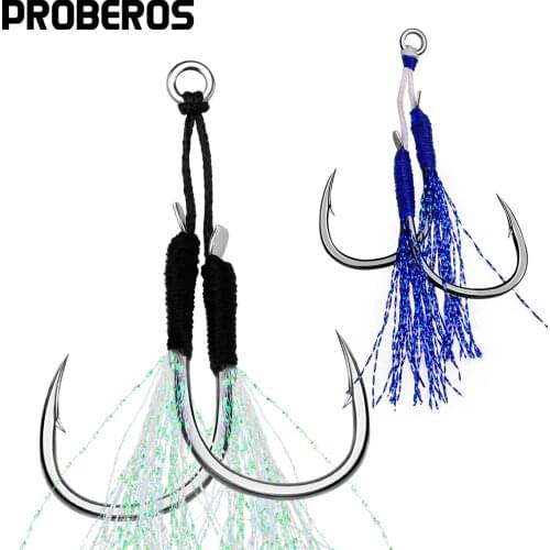 PROBEROS 50Pair/lot Jigging Fishing Assist Hooks 11-13-15-16-17-18-19-20# Luminous Double Barbed Jig Fishhooks with Glow Feather