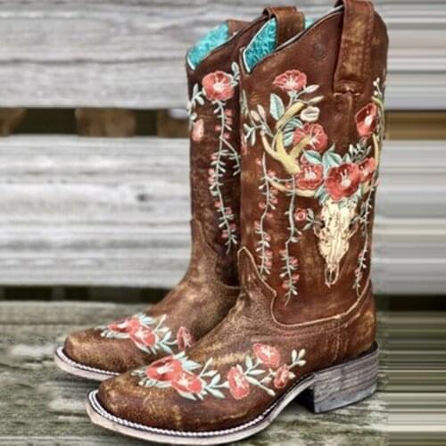 Plus Size Women Boots Medium Tube Fashion Casual Footwear Colorful Printed Retro Ethnic Ladies Lace Up Flat Shoes For Femme