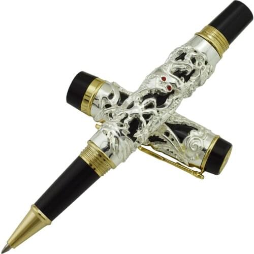 Jinhao Dragon Phoenix Vintage Luxurious Rollerball Pen, Metal Carving Embossing Heavy Pen, Noble Silver & Black for Office
