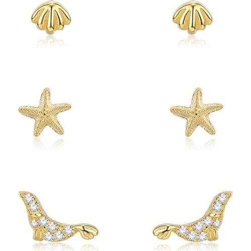 ZEMIOR 100% 925 Sterling Silver Ocean Shell Seal And Sea Star Earrings For Women Luxury Gold Color Tiny Stud Earring Jewelry