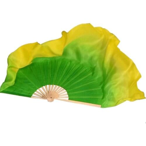 Green Yellow Gradient Silk Fan Veil Pairs Belly Dancing Women Da Fan Props Two Layers Real Silk Bamboo Folding Fan Wholesale