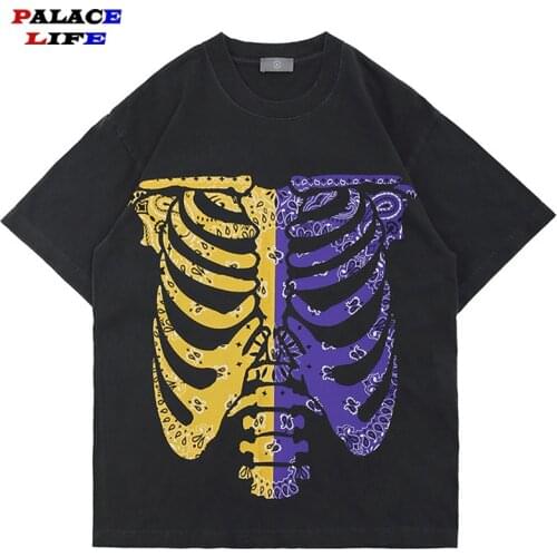 2021ss Heavy Fabric Vintage T-shirt Men Women Harajuku Streetwear Cashew Flower Skeleton Printing T shirt Tops Tee