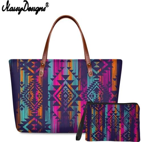 Noisydesigns 2Pcs Women Handbag&Coin Purse Set Abstract Aetec Tribal Pattern Large Capacity Totes Cloth Shoulder Bag Clutch Sac