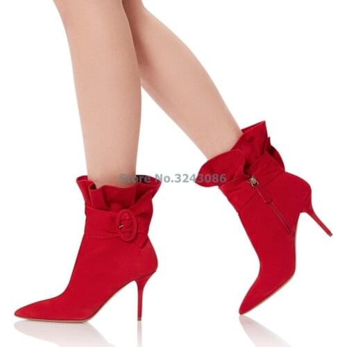 Ruffles Suede Ankle Boots Red Black White Pointed Toe Thin High Heel Short Boots Zipper Buckle Strap Women Boots
