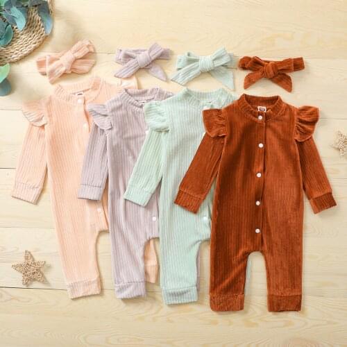 Winter Warm Newborn Baby Girls Velvet Romper Clothes Solid Color Ruffle Long Sleeve Button-down Jumpsuit+Headdress 2PCS Outwear