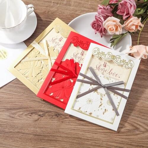 50pcs Gold White Red Luxury Flora Laser Cut Wedding Invitation Card Greeting Card With Ribbon Free Customized Wedding Decoration