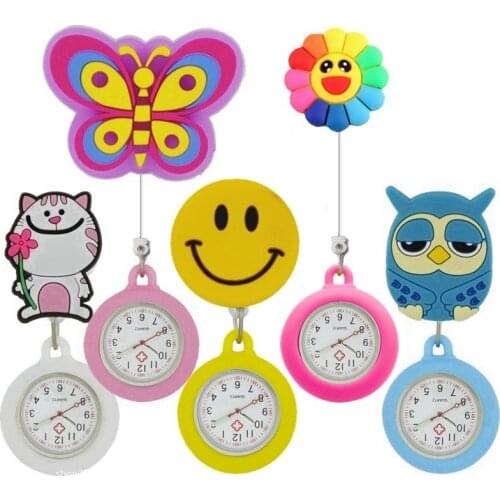 5pcs/lot Nurse Doctor Cartoon Lovely Cute Silicone Retractable pocket watches hospital medical Badge Reel clip hang gifts watch