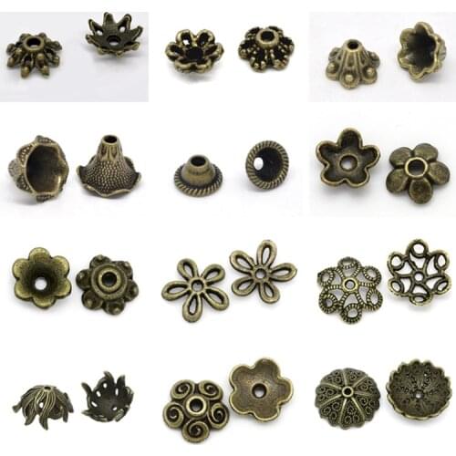 8Seasons Zinc Based Alloy Filigree Beads Caps Flower Antique Bronze Dot Pattern Hollow DIY Making Jewelry Findings,30-300PCs