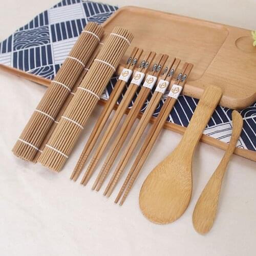9pcs/set DIY Bamboo Sushi Maker Set Sushi Curtain Rice Sushi Making Kits Sushi Roll Cooking Tools Chopsticks Rice Spoon Blade