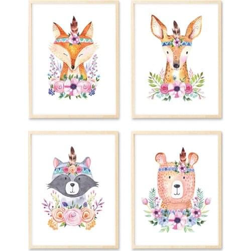 Watercolor Flower Animal Raccoon Fox Deer Bear Canvas Poster Painting Nursery Wall Art Print Pictures Kids Baby Bedroom Decor