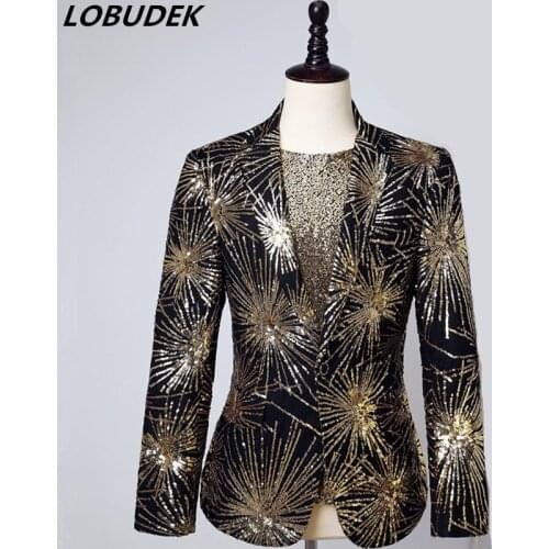 Bar Nightclub Star Singer Concert Sequins Blazers Shiny Gold Embroidery Sequin Suit Jacket Men Host Slim Fit Tuxedo Show Costume