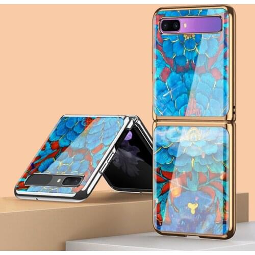 Z Flip Funda Case for Samsung Galaxy Z Flip F7000 F700N F700F Tempered Glass Coque Dark Blue Flower Phone Case Cover Z Flip Capa