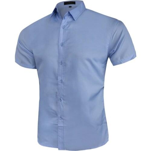 Mens Short Sleeve Business Shirt Button Front Plain Blouses Slim Fit Top H80