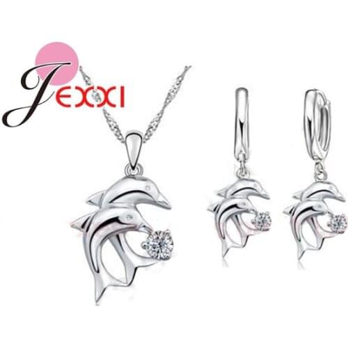 Doule Dolphin Jewelry Sets 925 Sterling Silver Jewellery White Cubic Zirconia Pendant Necklace Lever Back Earring