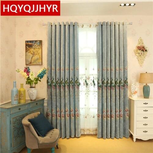 European luxury villa peacock embroidered blackout curtains for Living Room high quality blue elegant curtains for bedroom hotel