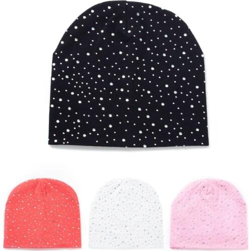 Geebro Lovely Baby Rhinestone Kids Beanies Solid Color Hats Cotton Toddler Children Boy Girl Infant Soft Warm Bonnet Fashion Cap
