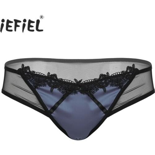IEFiEL Men Low Waist Elastic Waistband Sissy Underwear Sheer Mesh Patchwork Panties Lace Trim Exotic Briefs for Lingerie Night
