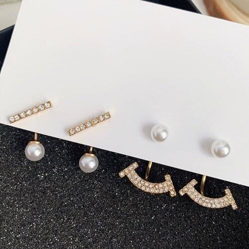 Korean Fashion Imitation Pearl Back Hanging Full Crystal Bar Stud Earrings for Women Accessories Elegant Wedding Jewelry