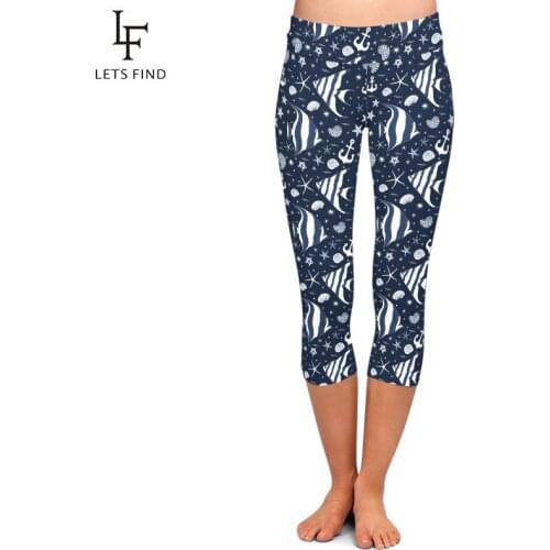LETSFIND Fashion Fishes and Conchs and Starfishes Print Capri Leggings High Waist Plus Size Soft Fitness Mid-Calf Leggings