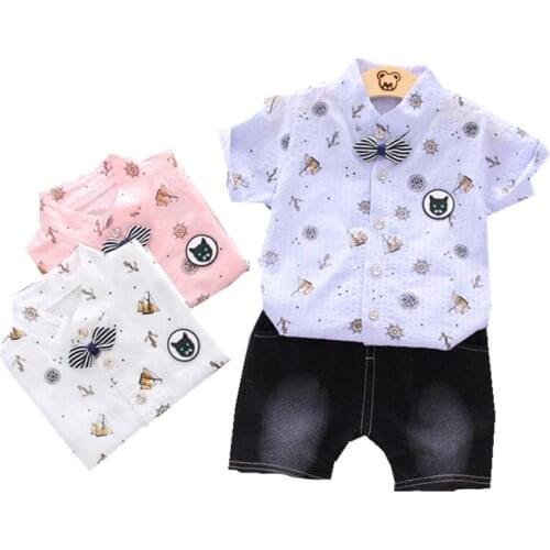 Korean style Toddler Boy Summer Set Tie Print Short Sleeve Shirt + Denim shorts Pants 2PCS For Kid Baby Boys gentleman Clothes