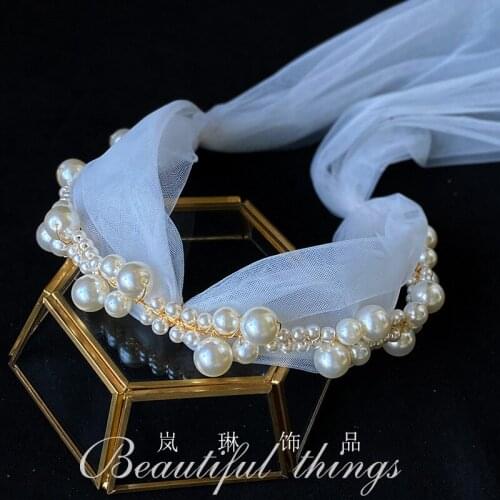 Korean Style Bride Pearl Bead Mesh Hairbands Fairy White Long Gauze Headband Wedding Photo Shoot Ladies Cocktail Party Headdress