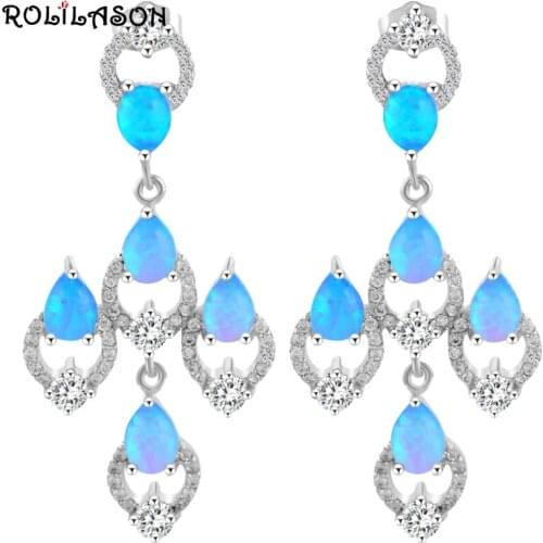 ROLILASON Charming Blue Fire Opal Silver Drop Earrings High Quality Fashion Opal Jewelry OES640 for Women Party