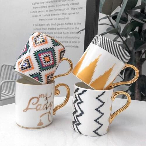 Luxury Gold Totems Mosaic Geometric Flamingo Ceramic Coffee Mug Coffee Cup Gold Breakfast Milk Water Cup Couple Creative Gifts