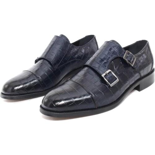 SHENBINS Handmade Double Strap Monks with Dark Blue Crocodile Skin Pattern Leather and Premium Soles, Mens Business Fashion