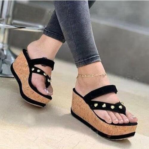 Summer Women Rivet Buckle Filp Flop Woman Casual Wedage Thong Slide Female Hemp Hump Ladies Big Size Fashion Footwear