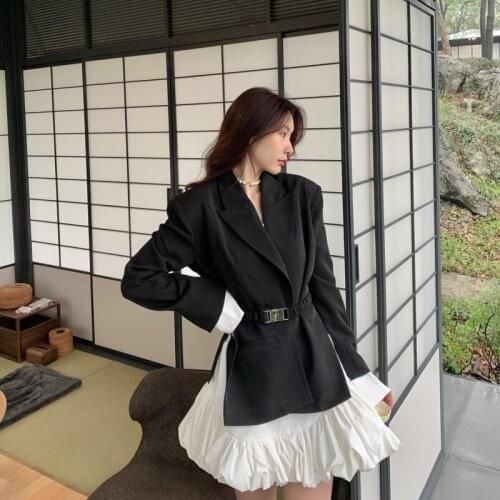 TVVOVVIN 2021 Spring New Long Sleeve Split Female Simple Blazer Casual Black Sashes Straight Mid-length Coat YDLO